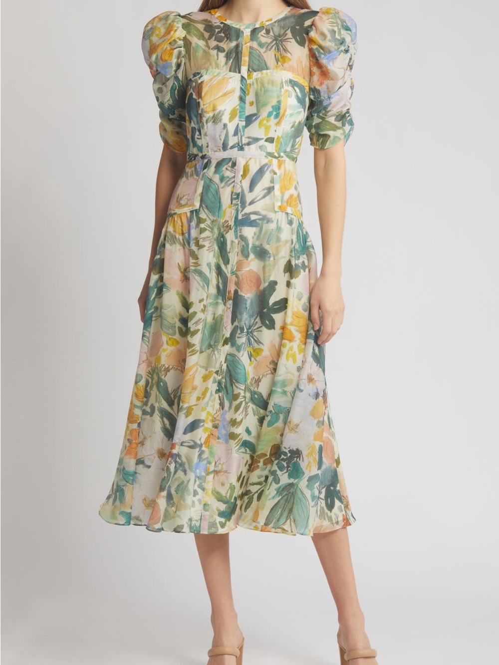 Ted Baker Pastel Floral Puff-Sleeve Midi Dress Size 3 / Medium